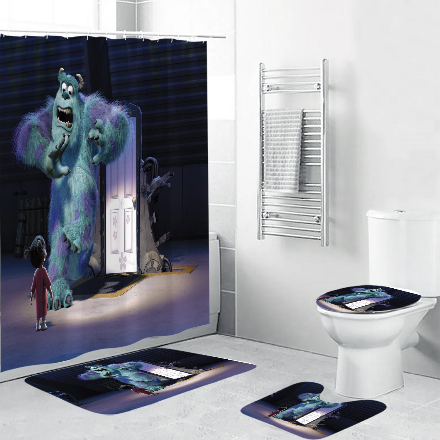 James P Sullivan and Boo Monsters Inc Monsters University Movie Disney Pixar Waterproof Shower Curtain Non-Slip Toilet Lid Cover Bath Mat - Bathroom Set