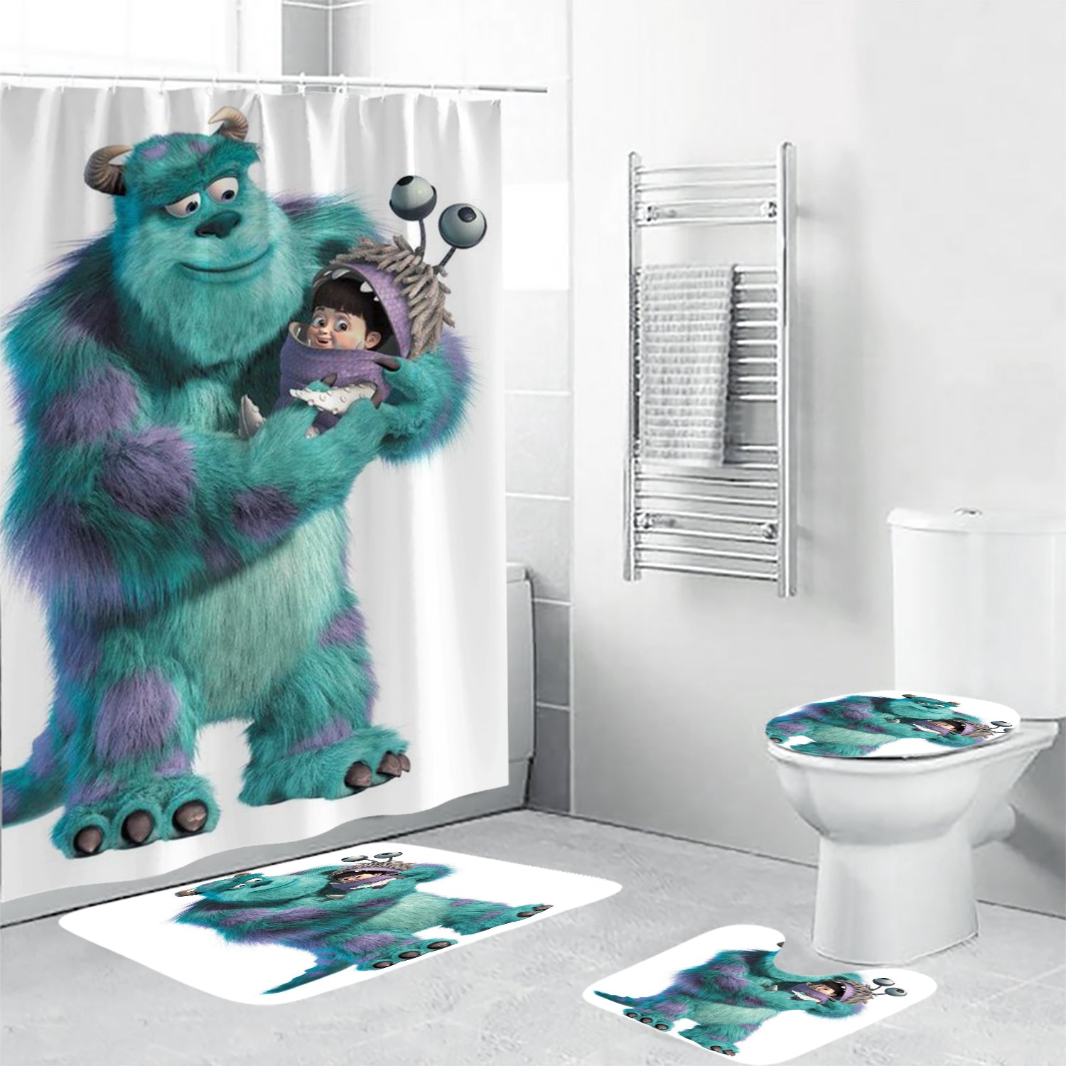 James P Sullivan and Boo v2 Monsters Inc Monsters University Movie Disney Pixar Waterproof Shower Curtain Non-Slip Toilet Lid Cover Bath Mat - Bathroom Set