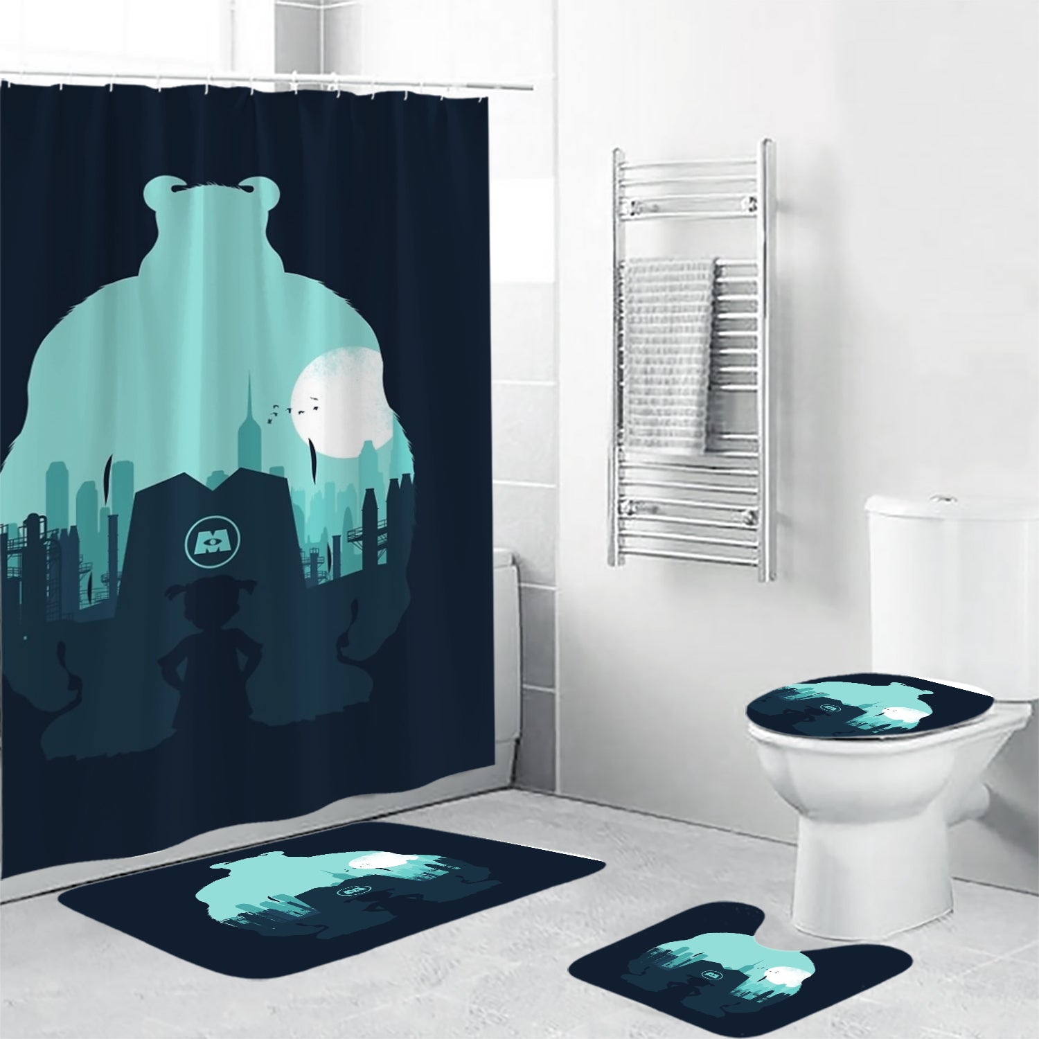 James P Sullivan and Boo v3 Monsters Inc Monsters University Movie Disney Pixar Waterproof Shower Curtain Non-Slip Toilet Lid Cover Bath Mat - Bathroom Set