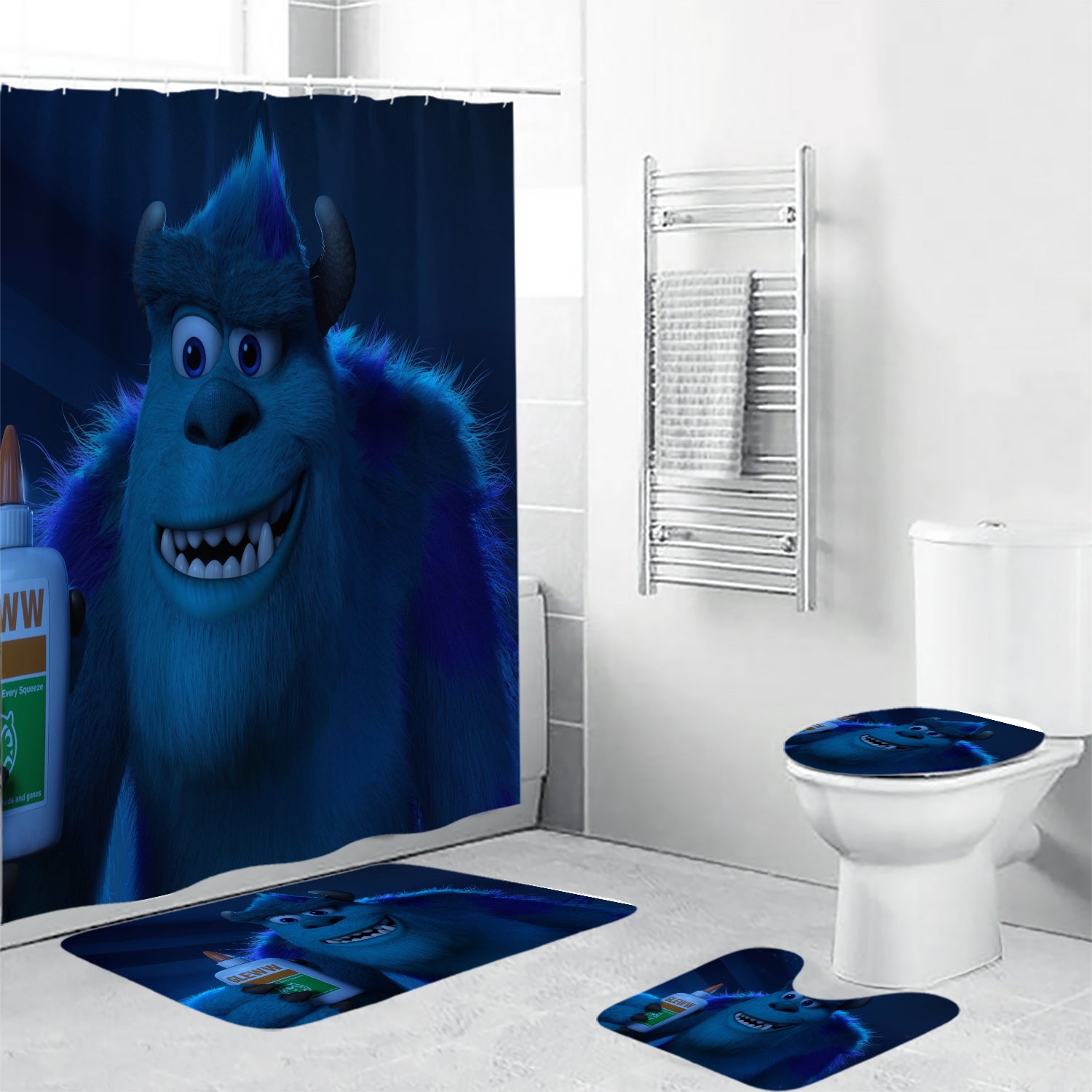 James P Sullivan v1 Monsters Inc Monsters University Movie Disney Pixar Waterproof Shower Curtain Non-Slip Toilet Lid Cover Bath Mat - Bathroom Set