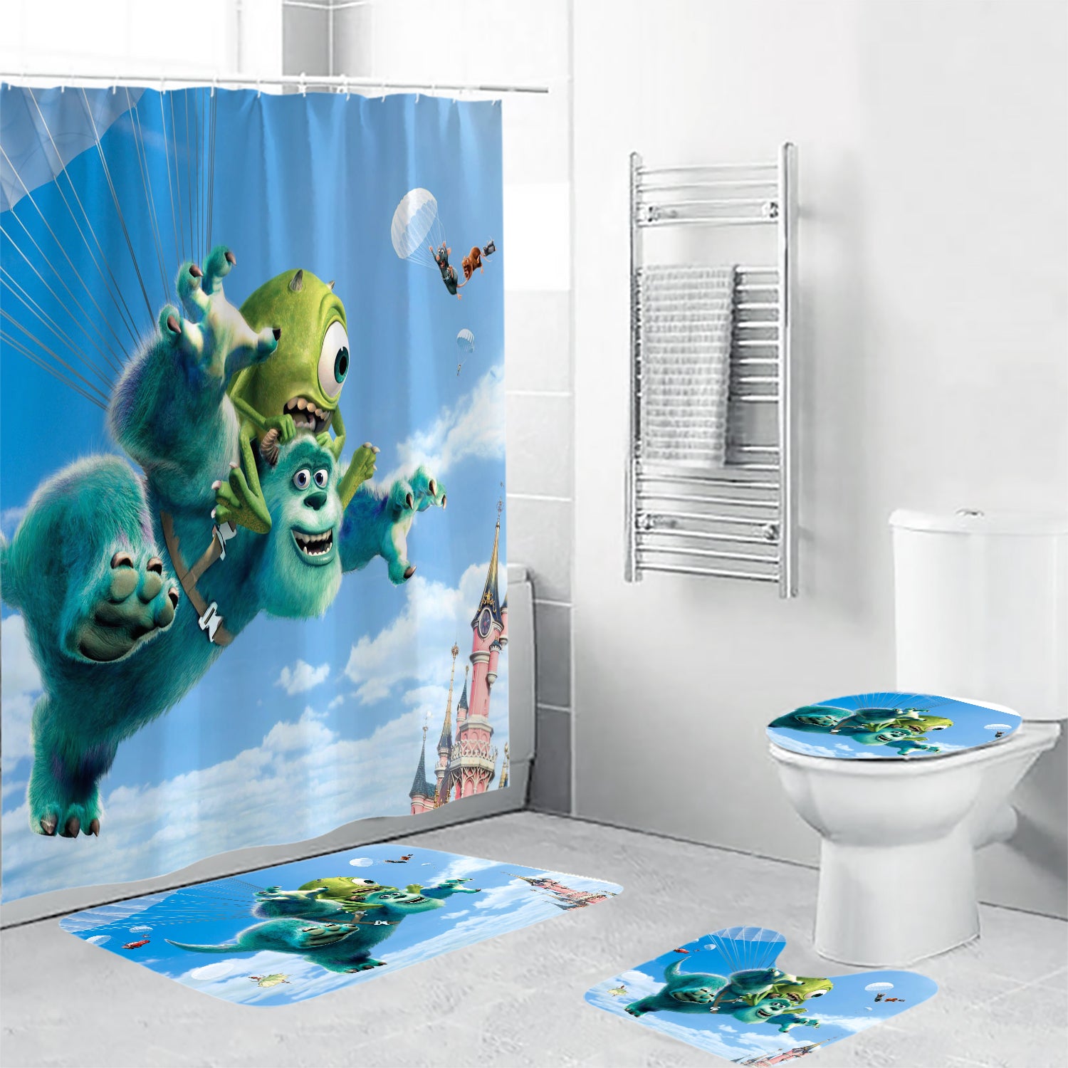 James P Sullivan v3 Monsters Inc Monsters University Movie Disney Pixar Waterproof Shower Curtain Non-Slip Toilet Lid Cover Bath Mat - Bathroom Set