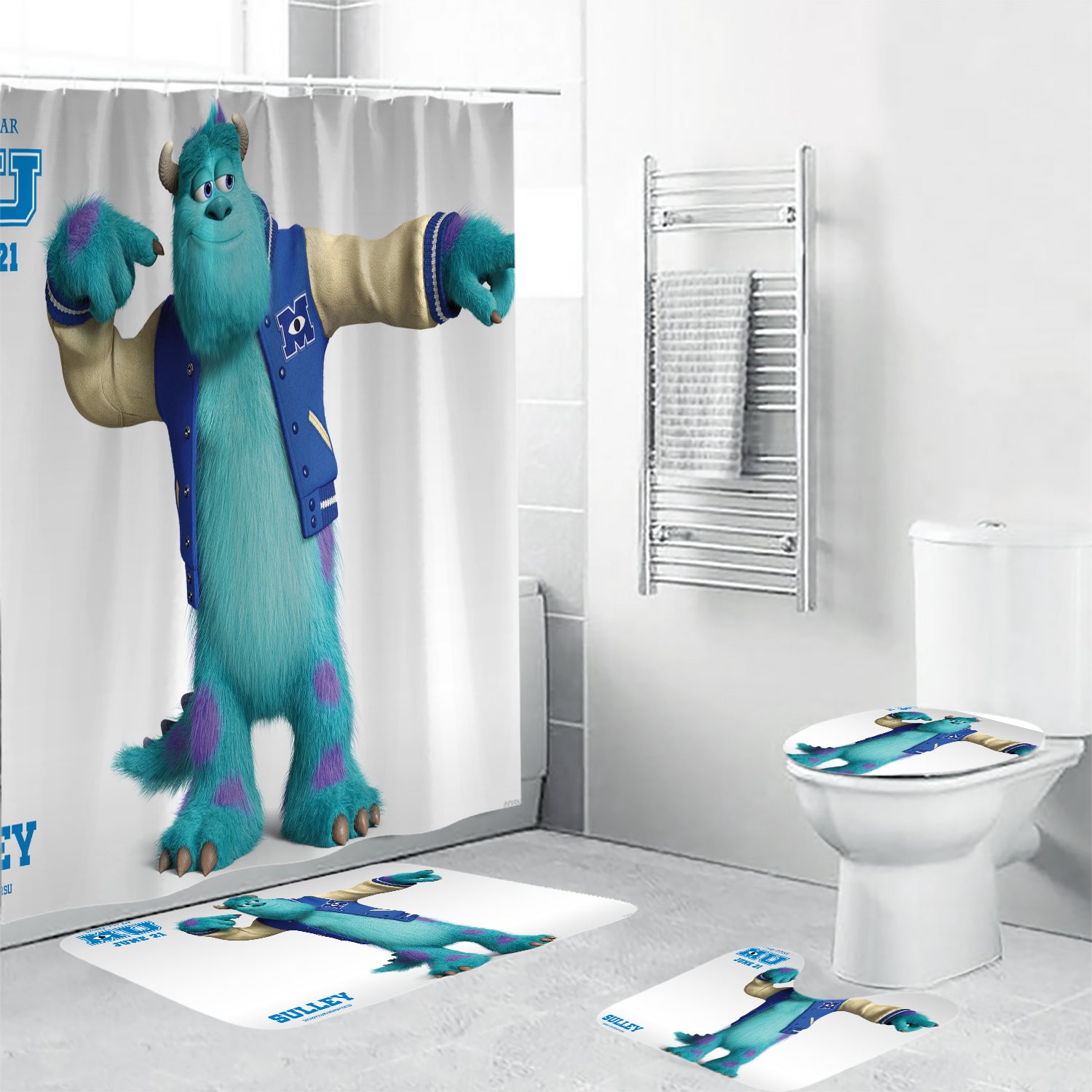 James P Sullivan v4 Monsters Inc Monsters University Movie Disney Pixar Waterproof Shower Curtain Non-Slip Toilet Lid Cover Bath Mat - Bathroom Set