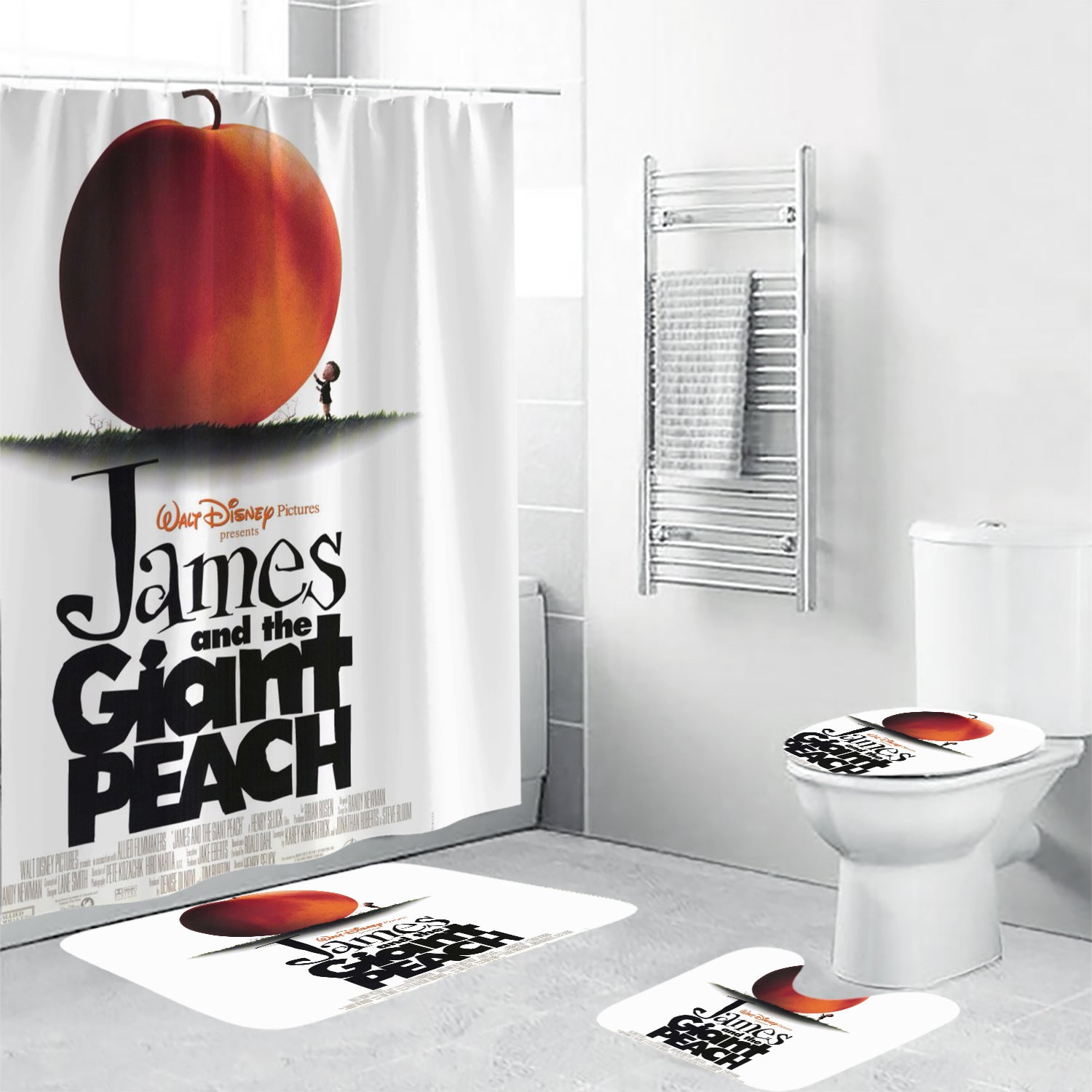 James and the Giant Peach Poster 1 4PCS Shower Curtain Non-Slip Toilet Lid Cover Bath Mat - Bathroom Set Fans Gifts