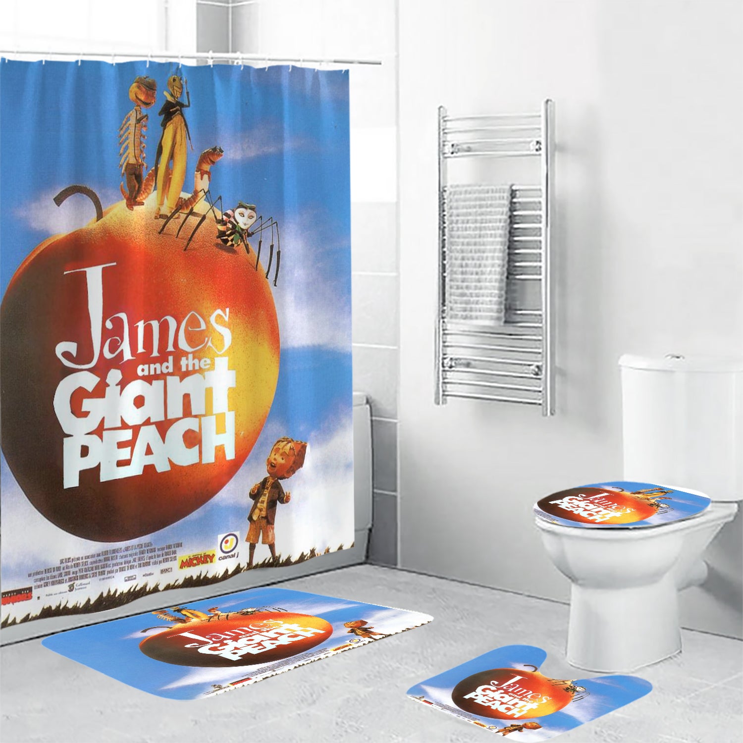 James and the Giant Peach Poster 2 4PCS Shower Curtain Non-Slip Toilet Lid Cover Bath Mat - Bathroom Set Fans Gifts
