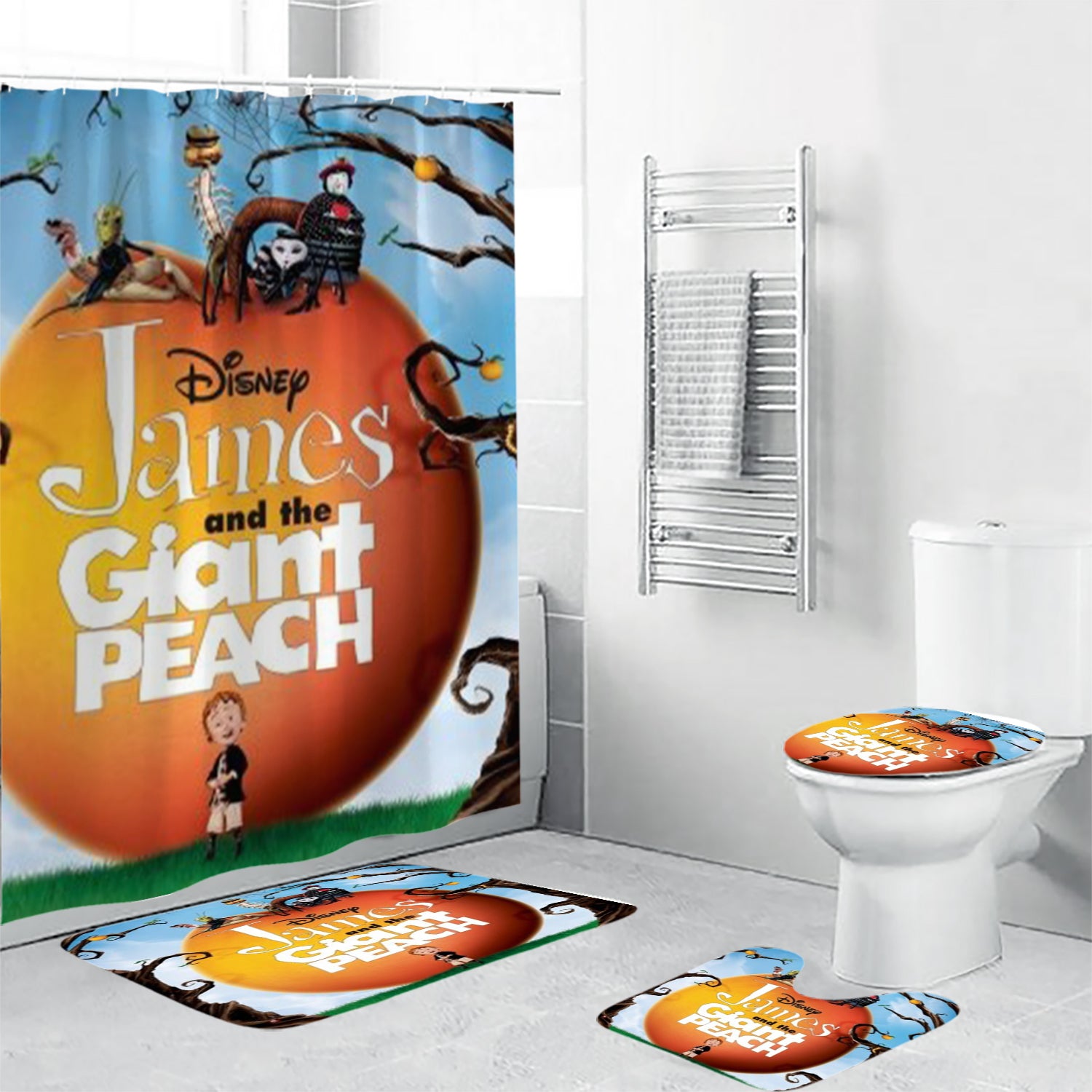 James and the Giant Peach Poster 4 4PCS Shower Curtain Non-Slip Toilet Lid Cover Bath Mat - Bathroom Set Fans Gifts