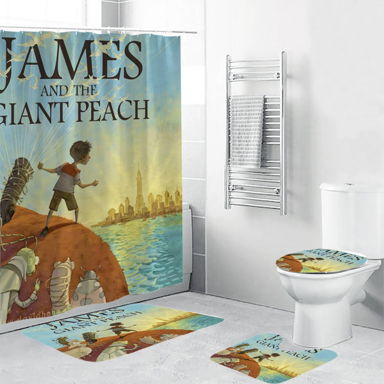 James and the Giant Peach Poster 5 4PCS Shower Curtain Non-Slip Toilet Lid Cover Bath Mat - Bathroom Set Fans Gifts