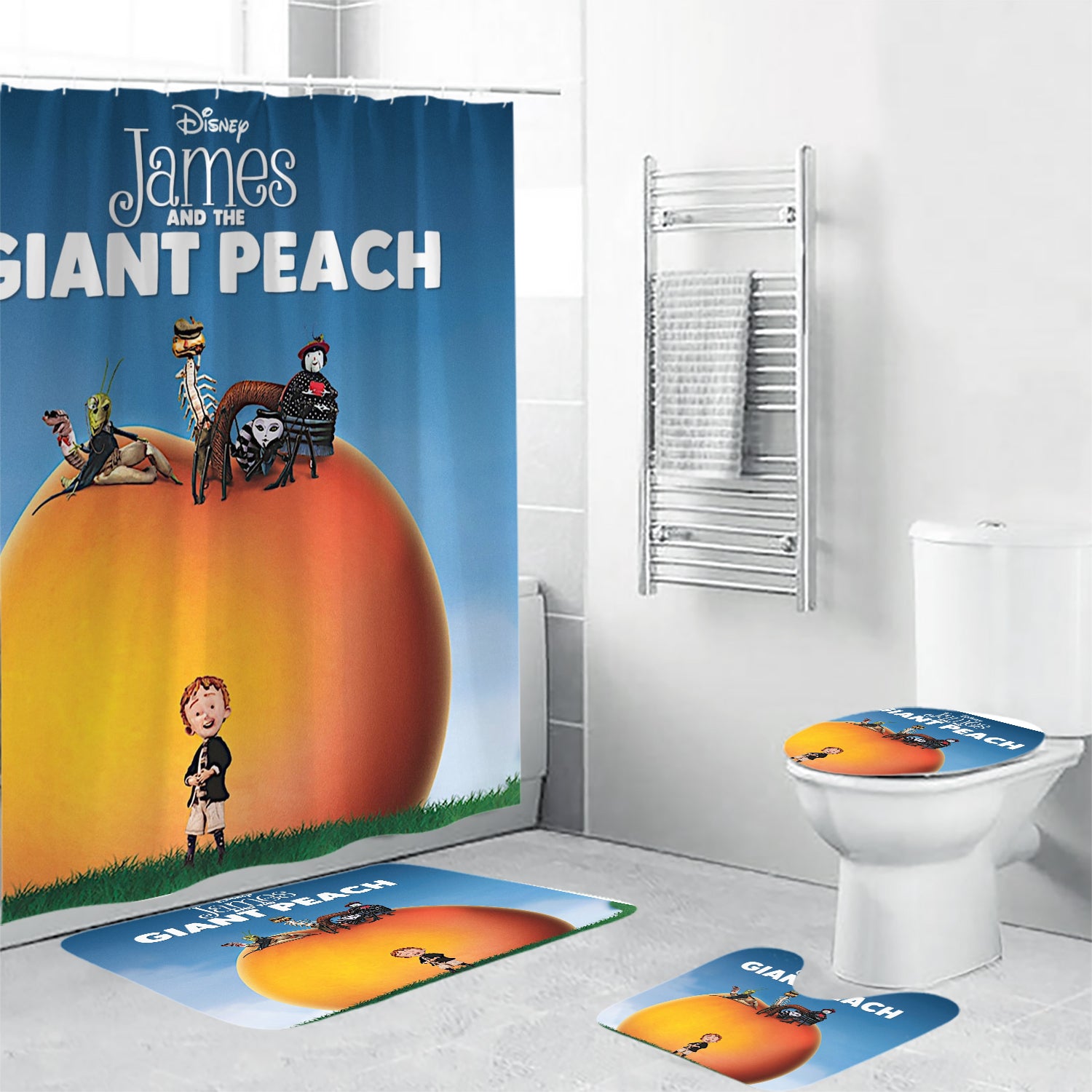 James and the Giant Peach Poster 6 4PCS Shower Curtain Non-Slip Toilet Lid Cover Bath Mat - Bathroom Set Fans Gifts