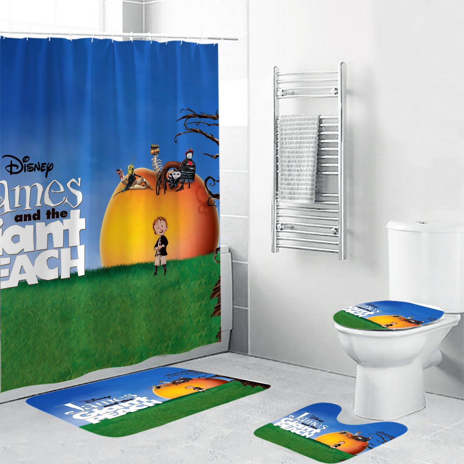 James and the Giant Peach Poster 7 4PCS Shower Curtain Non-Slip Toilet Lid Cover Bath Mat - Bathroom Set Fans Gifts