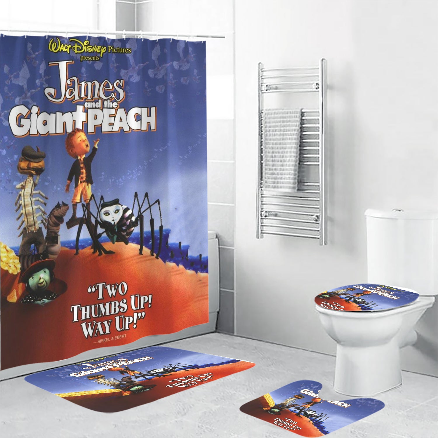 James and the Giant Peach Poster 8 4PCS Shower Curtain Non-Slip Toilet Lid Cover Bath Mat - Bathroom Set Fans Gifts