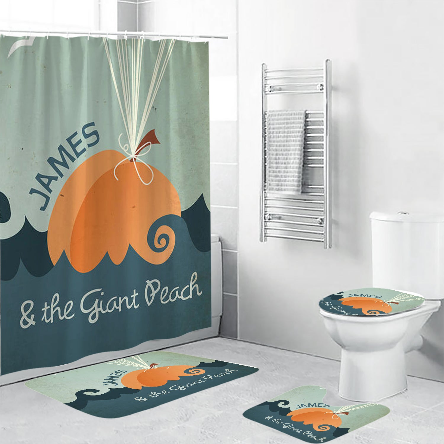 James and the Giant Peach Poster 9 4PCS Shower Curtain Non-Slip Toilet Lid Cover Bath Mat - Bathroom Set Fans Gifts