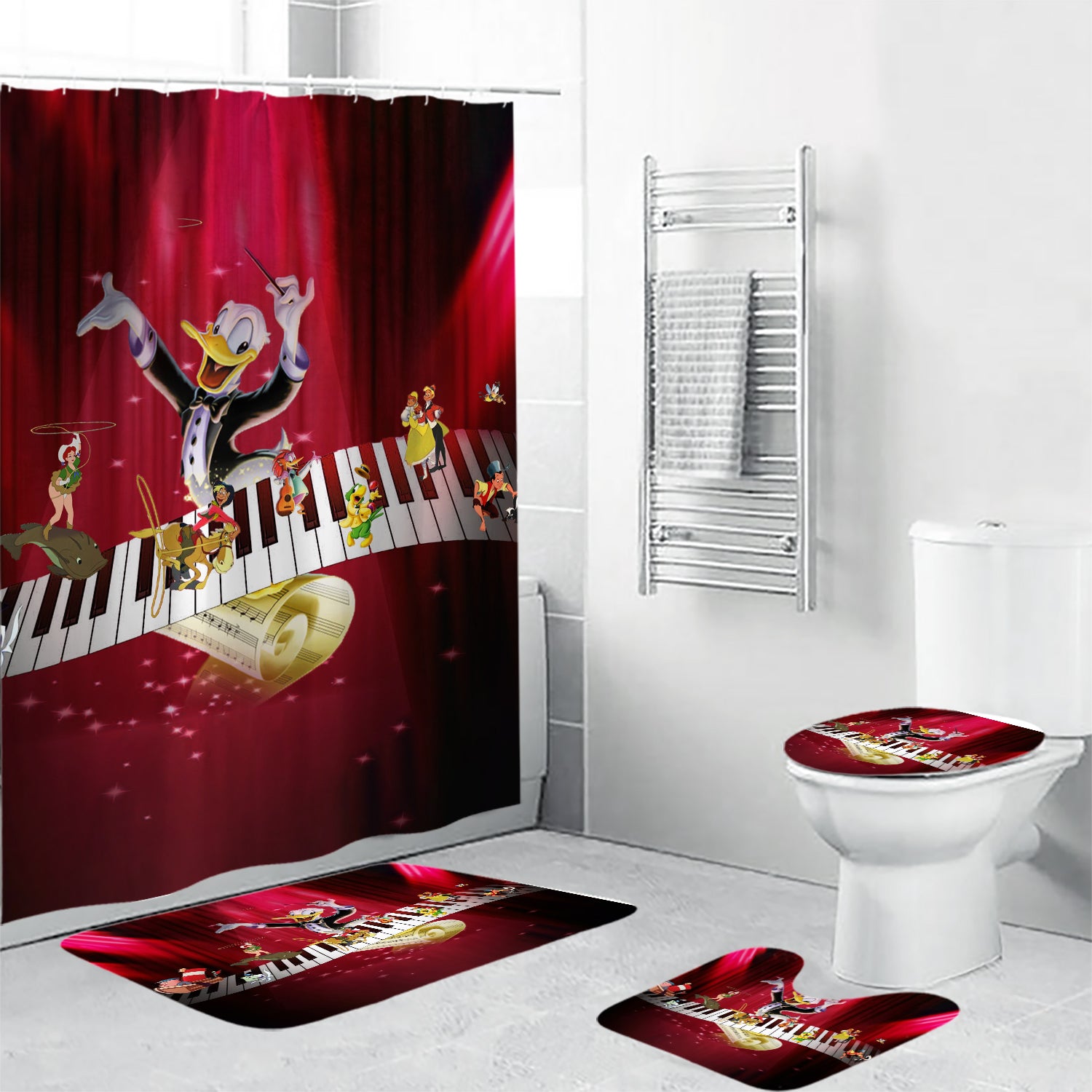 Melody Time Poster 3 4PCS Shower Curtain Non-Slip Toilet Lid Cover Bath Mat - Bathroom Set Fans Gifts