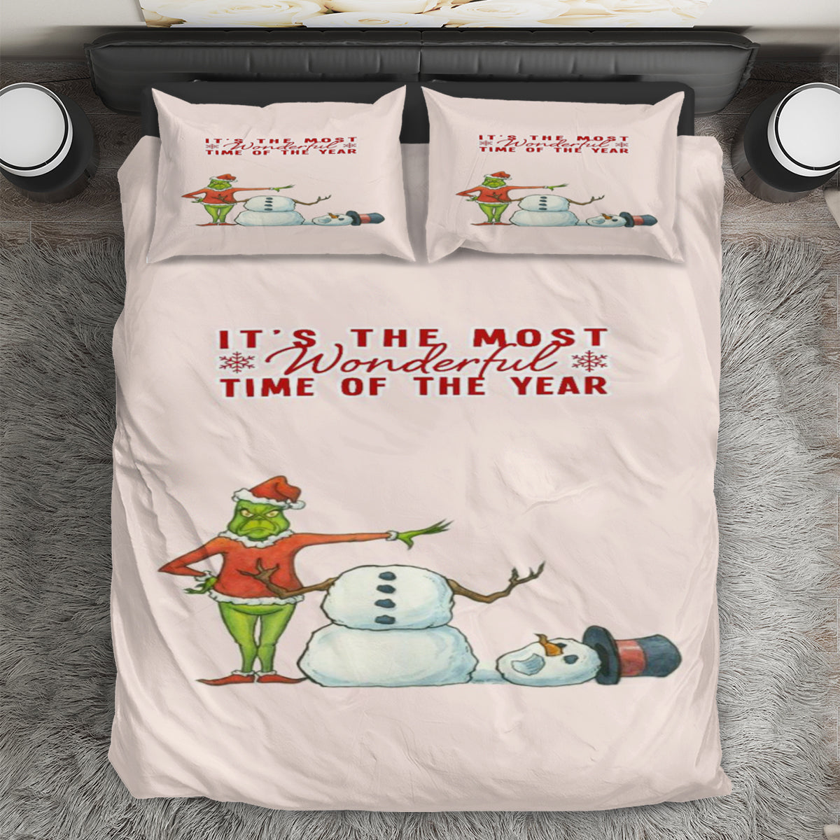The Grinch Christmas It's The Most Wonderful Time 3PCS Bedding Set Duvet Cover And Pillow Cases Gift For Fan
