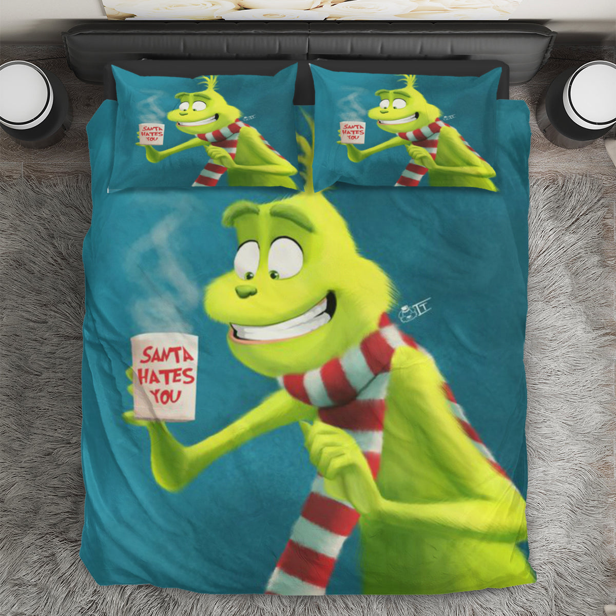 The Grinch Christmas Grinch With Coffee-Cup 3PCS Bedding Set Duvet Cover And Pillow Cases Gift For Fan