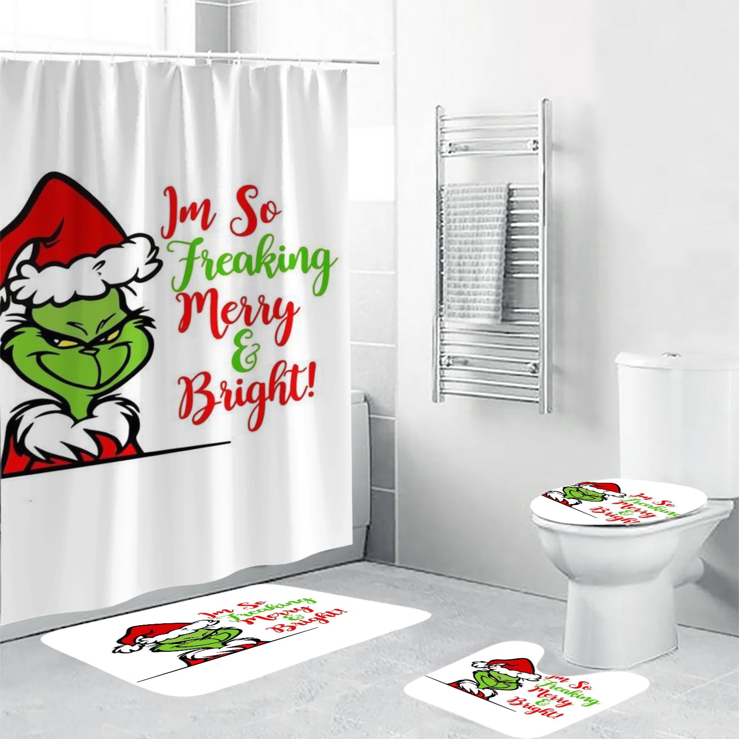 The Grinch Christmas I'm So Freaking Shower Curtain Non-Slip Toilet Lid Cover Bath Mat - Bathroom Set Fans Gifts