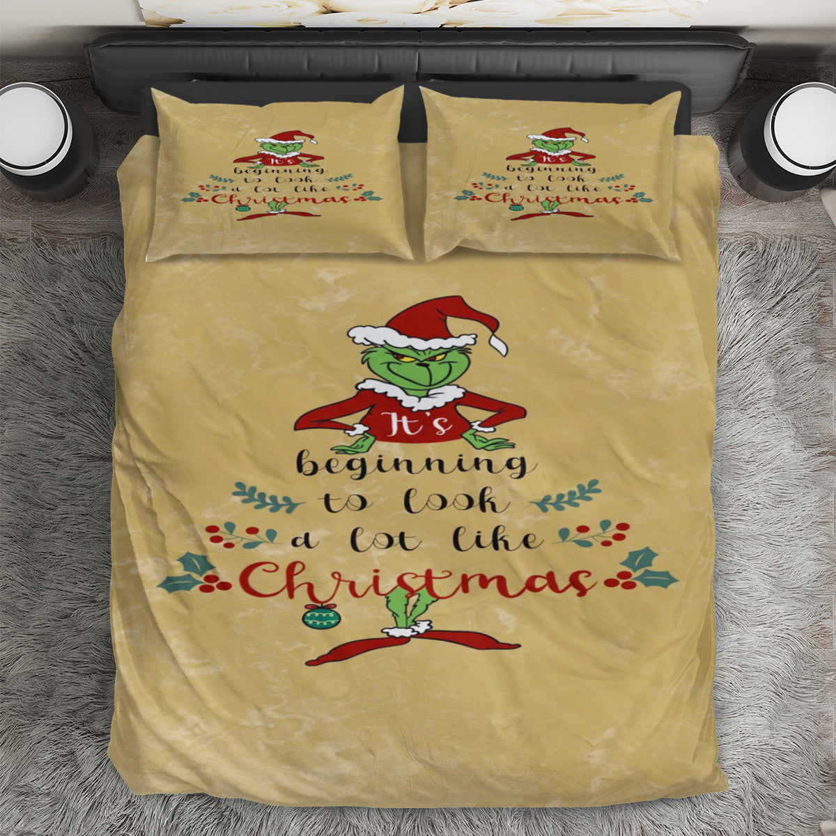 The Grinch Christmas It's Begining 3PCS Bedding Set Duvet Cover And Pillow Cases Gift For Fan