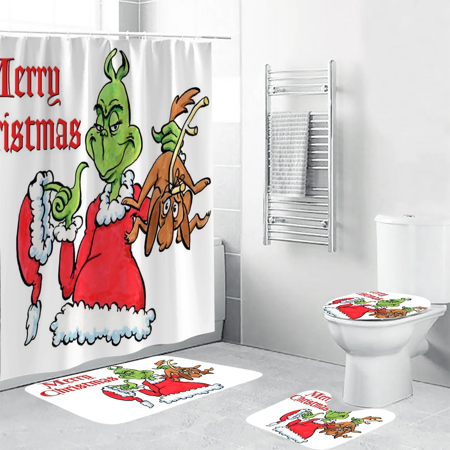 The Grinch Christmas Merry Xmas 2 Shower Curtain Non-Slip Toilet Lid Cover Bath Mat - Bathroom Set Fans Gifts