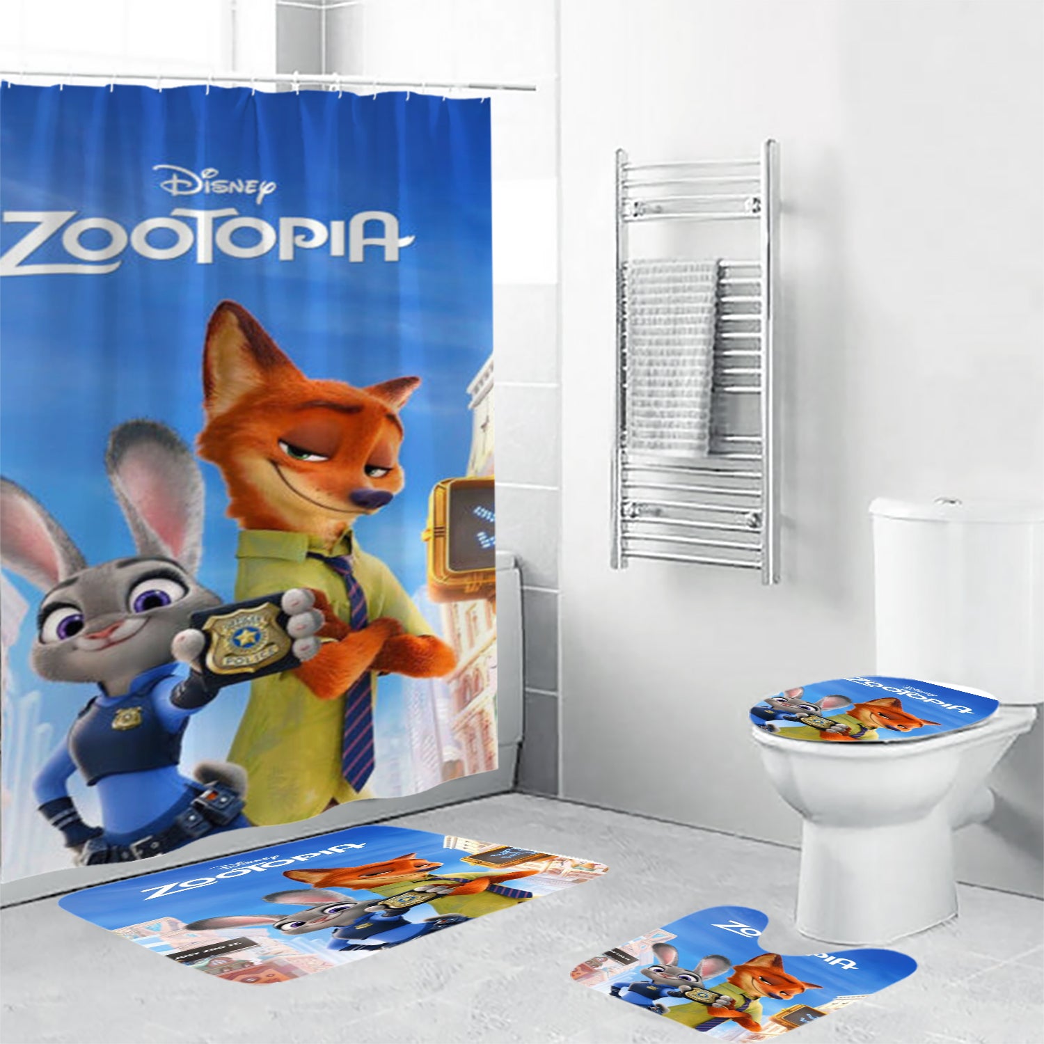 Zootopia Poster 4 Waterproof Shower Curtain Non-Slip Toilet Lid Cover Bath Mat - Bathroom Set