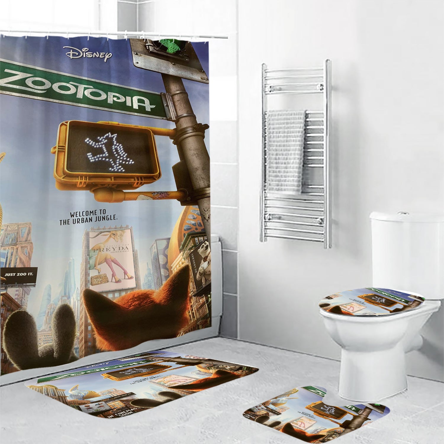 Zootopia Poster 5 Waterproof Shower Curtain Non-Slip Toilet Lid Cover Bath Mat - Bathroom Set