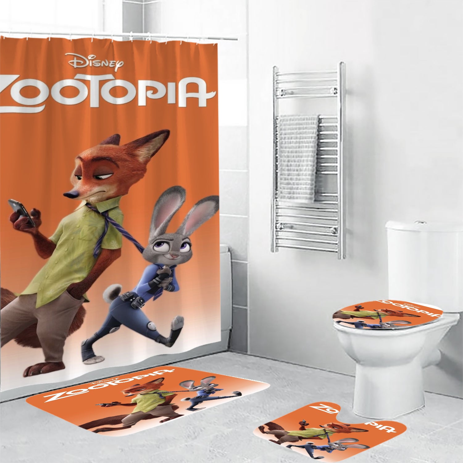 Zootopia Poster 8 Waterproof Shower Curtain Non-Slip Toilet Lid Cover Bath Mat - Bathroom Set