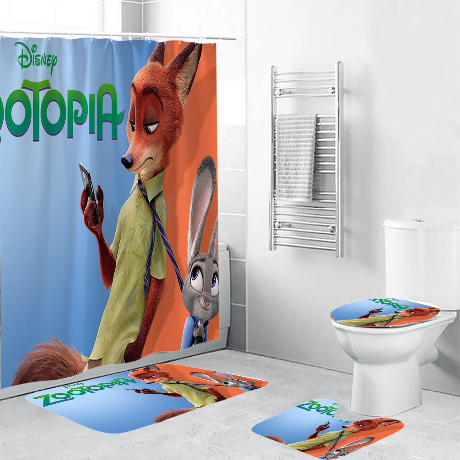 Zootopia Poster 9 Waterproof Shower Curtain Non-Slip Toilet Lid Cover Bath Mat - Bathroom Set