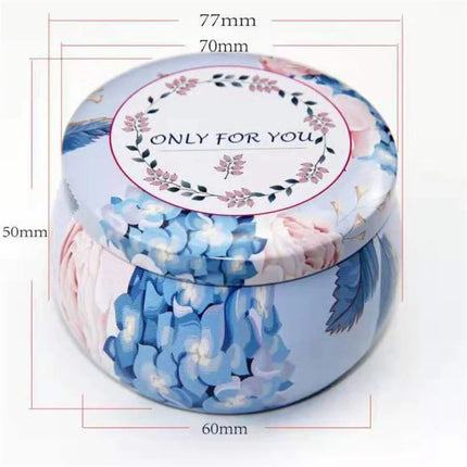 Floral round tin candle jar with “ONLY FOR YOU” lid; 77 mm diameter (70 mm inner), 50 mm height, 60 mm base.
