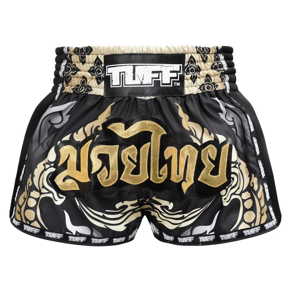 Image of MRS201 TUFF Muay Thai Shorts Retro Style Thai King Of Naga Black