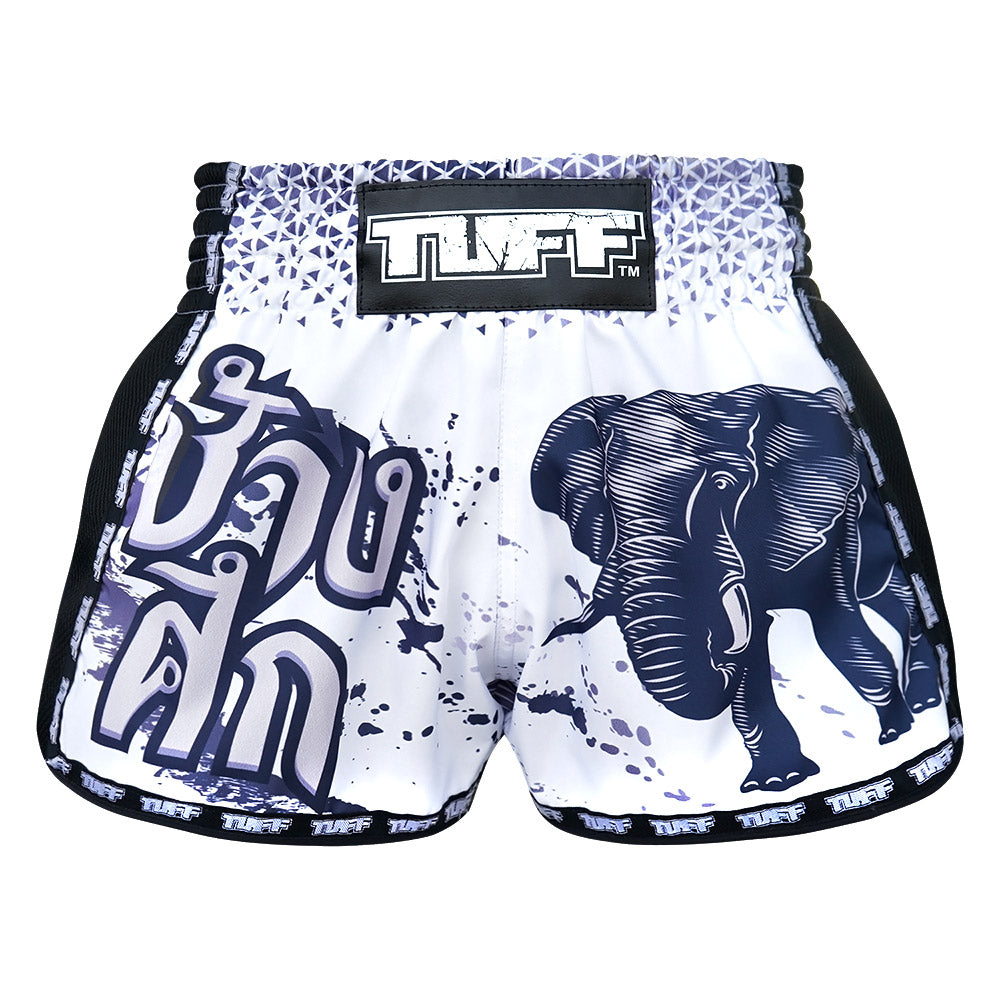 Image of MRS203 TUFF Muay Thai Shorts Retro Style White War Elephant