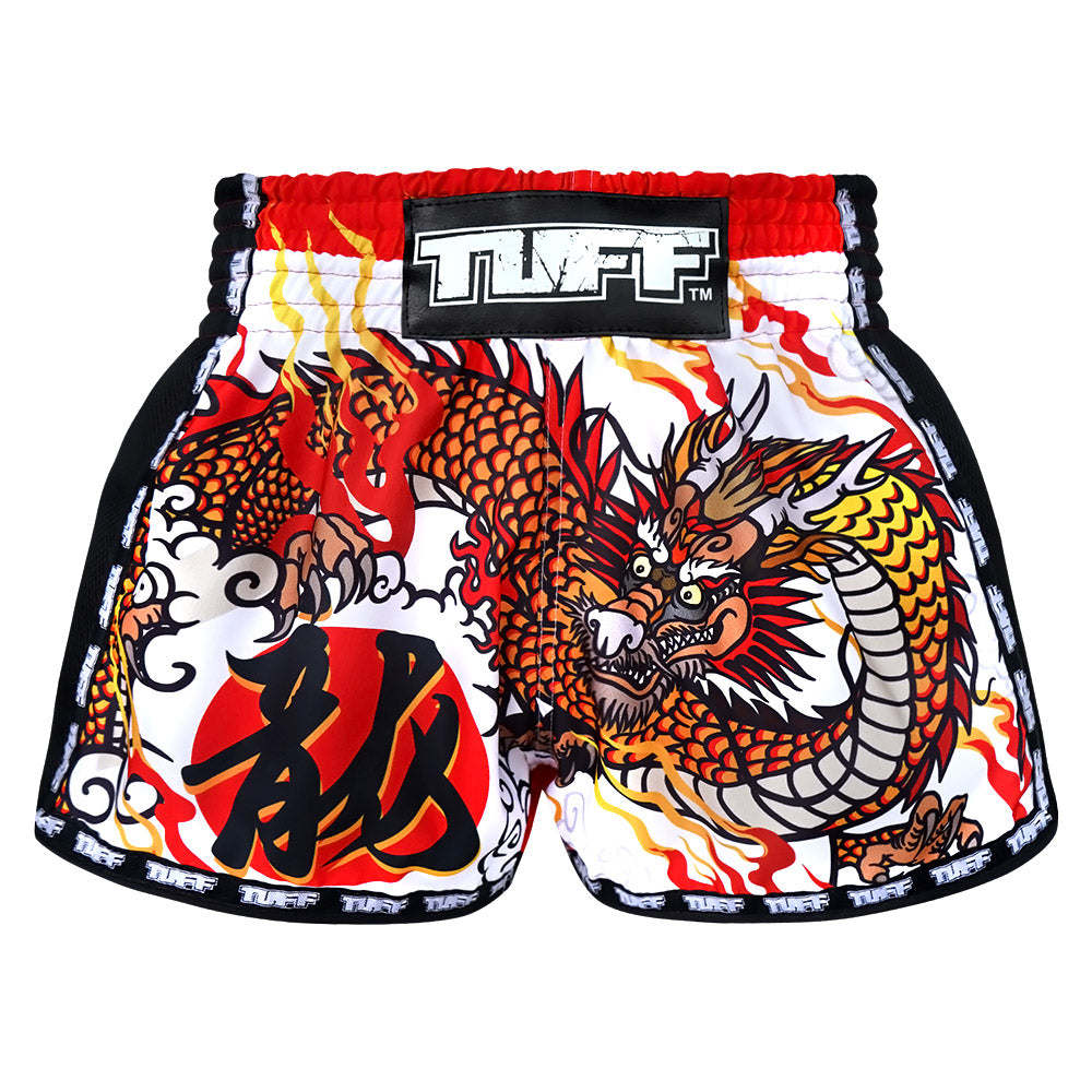 Image of MRS204 TUFF Muay Thai Shorts Retro Style White Chinese Dragon