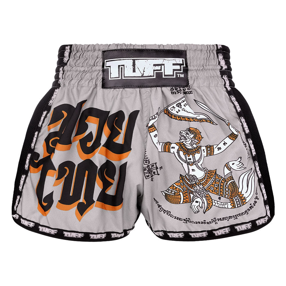 Image of MRS206 TUFF Muay Thai Shorts Retro Style Grey Hanuman Yantra with War Flag