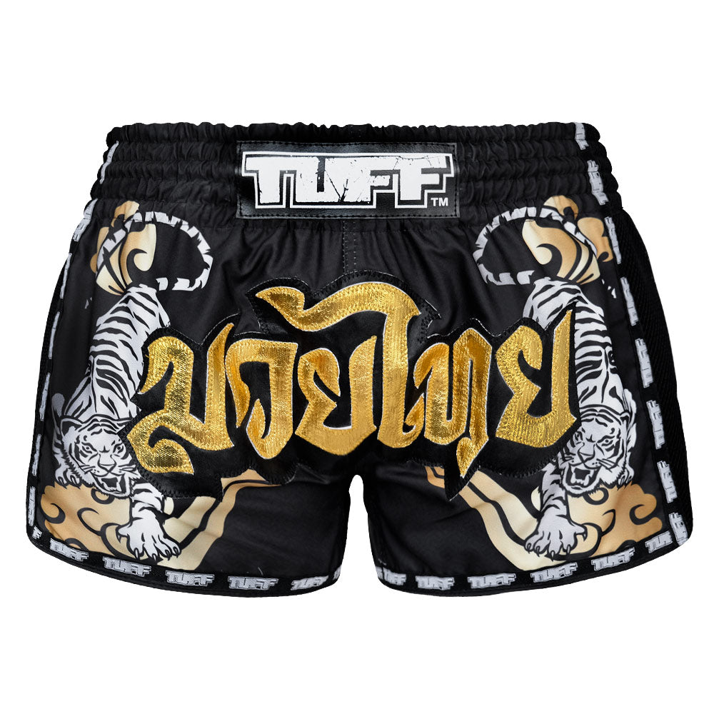 Image of MRS301 TUFF Muay Thai Shorts Retro Style Black Double Tiger With Gold Text