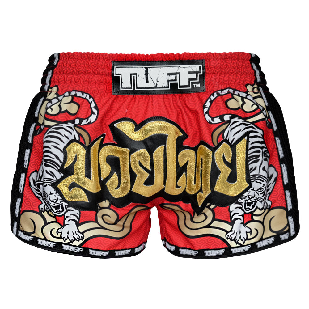 Image of MRS301 TUFF Muay Thai Shorts Retro Style Red Double Tiger With Gold Text