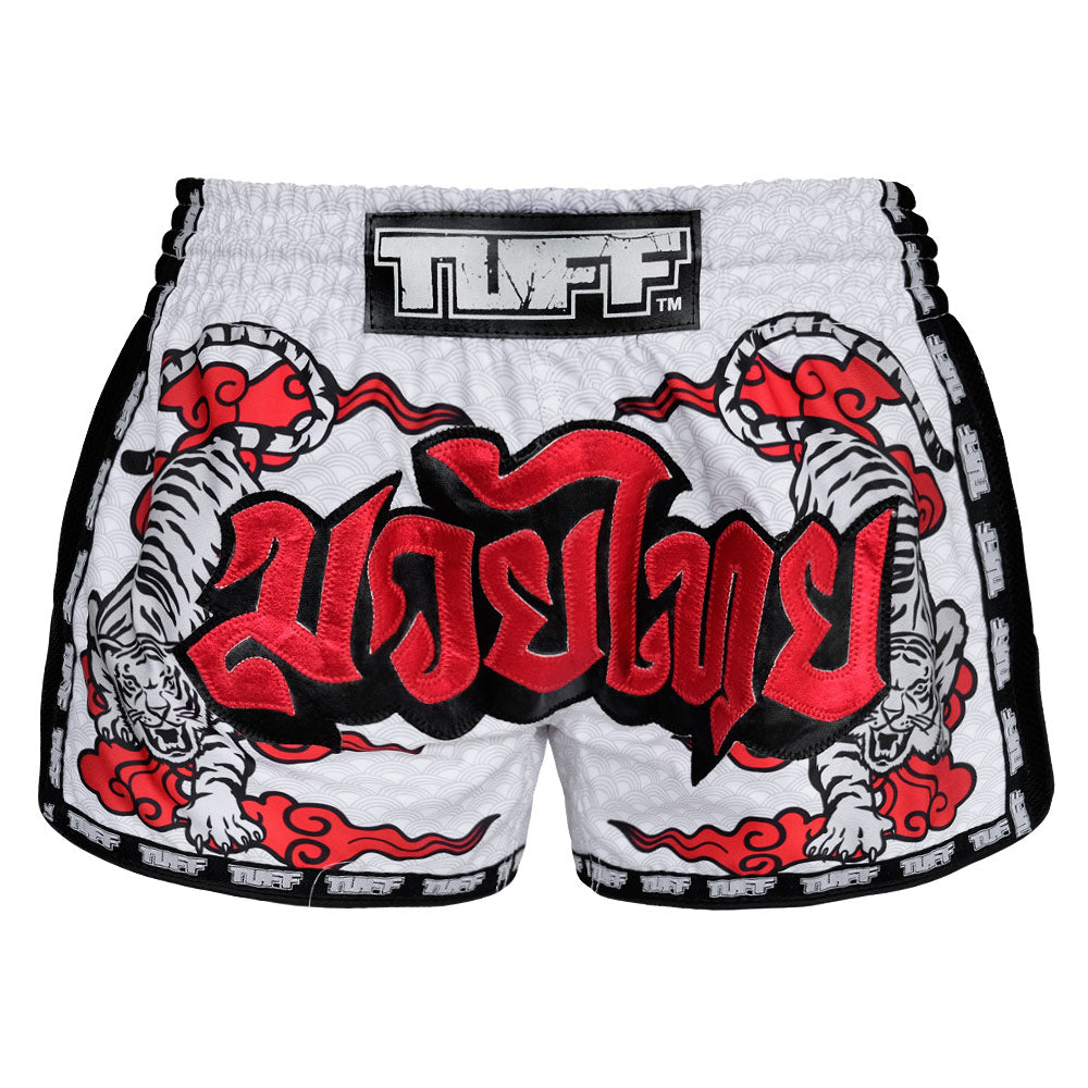 Image of MRS301 TUFF Muay Thai Shorts Retro Style White Double Tiger With Red Text