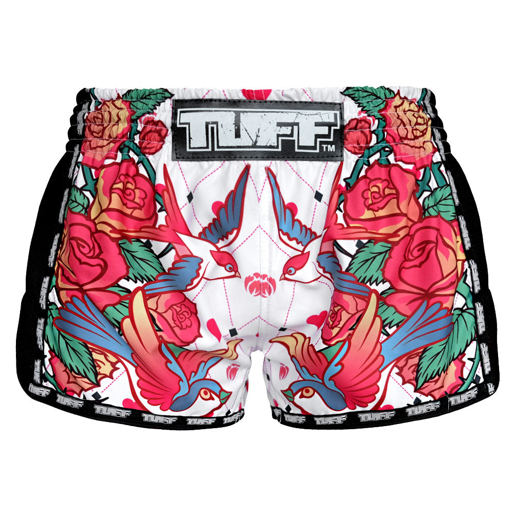 Image of MRS302 TUFF Muay Thai Shorts Retro Style White Roses With Birds