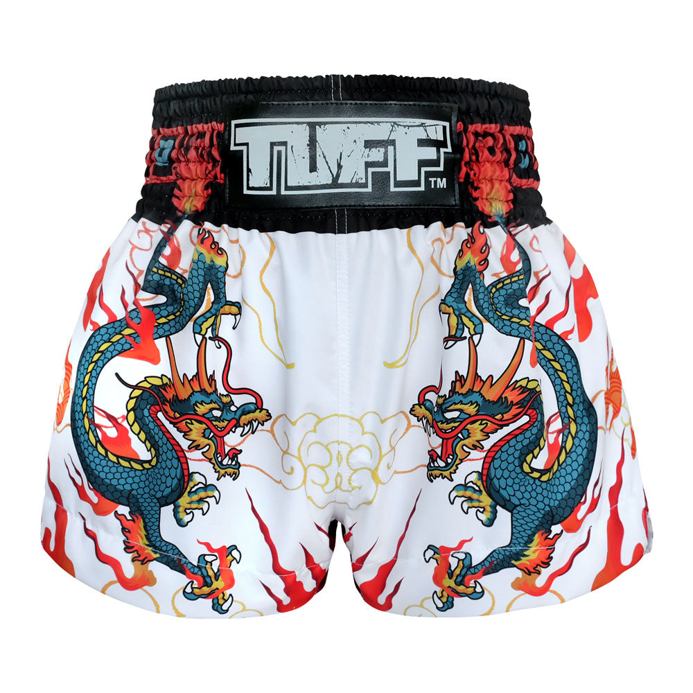 Image of MS622 TUFF Muay Thai Shorts White With Blue Dragon