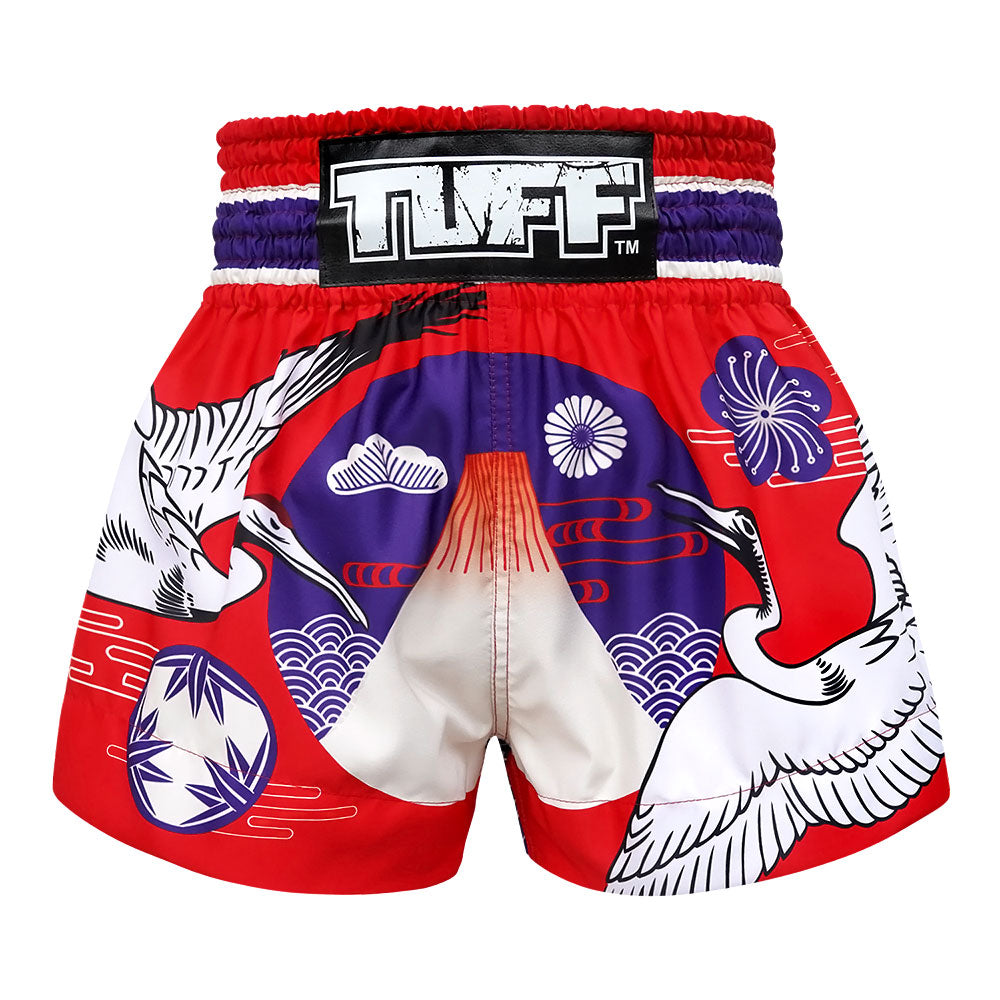 Image of MS639 TUFF Muay Thai Shorts Red Japanese Drawing Crane Birds