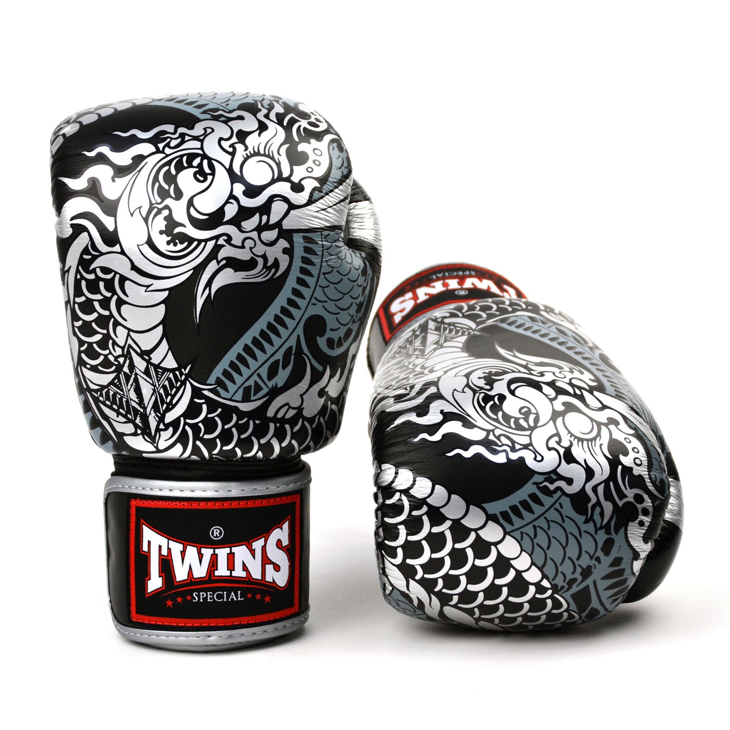 Image of FBGVL3-52 Twins Black-Silver Nagas Boxing Gloves