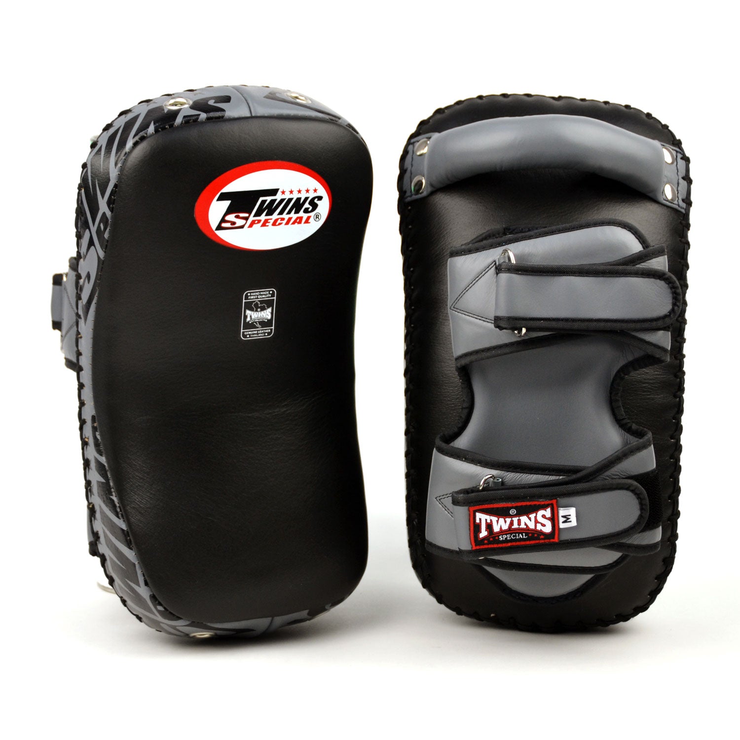 Image of KPL12 Twins Black-Grey Deluxe Curved Leather Kick Pads