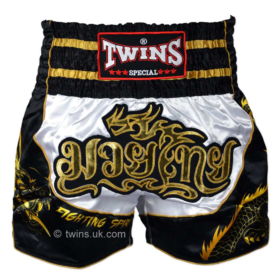 Image of TBS-DR3 Twins White-Black Dragon Muaythai Shorts