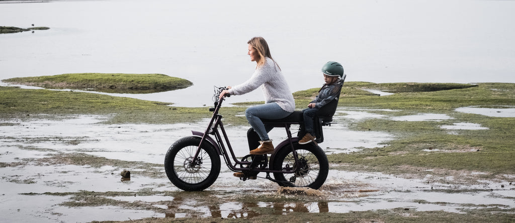 Child seat on rear cargo bike rack for v-series 50 rebels