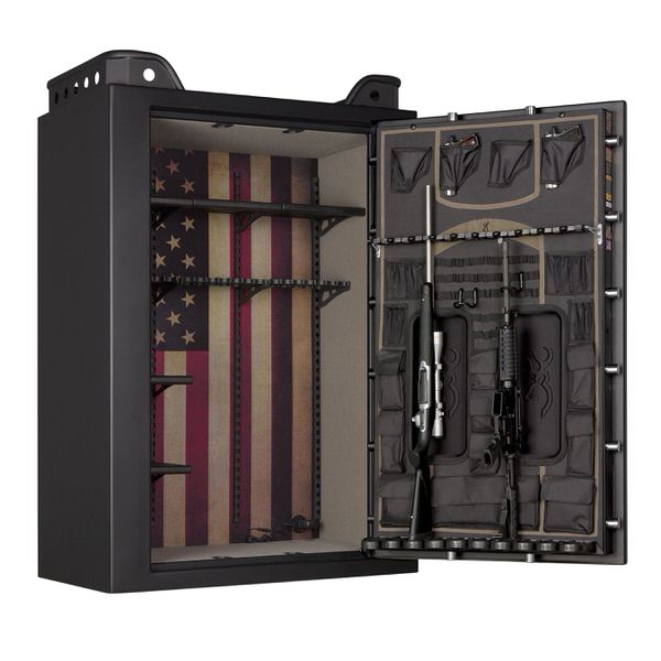 Browning US49 Fireproof Gun Safe Open and few Rifles on Door
