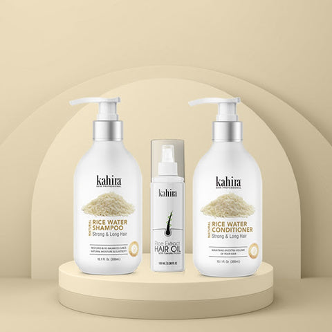 Kahira's rice water shampoo, hair oil, and hair conditioner combo 