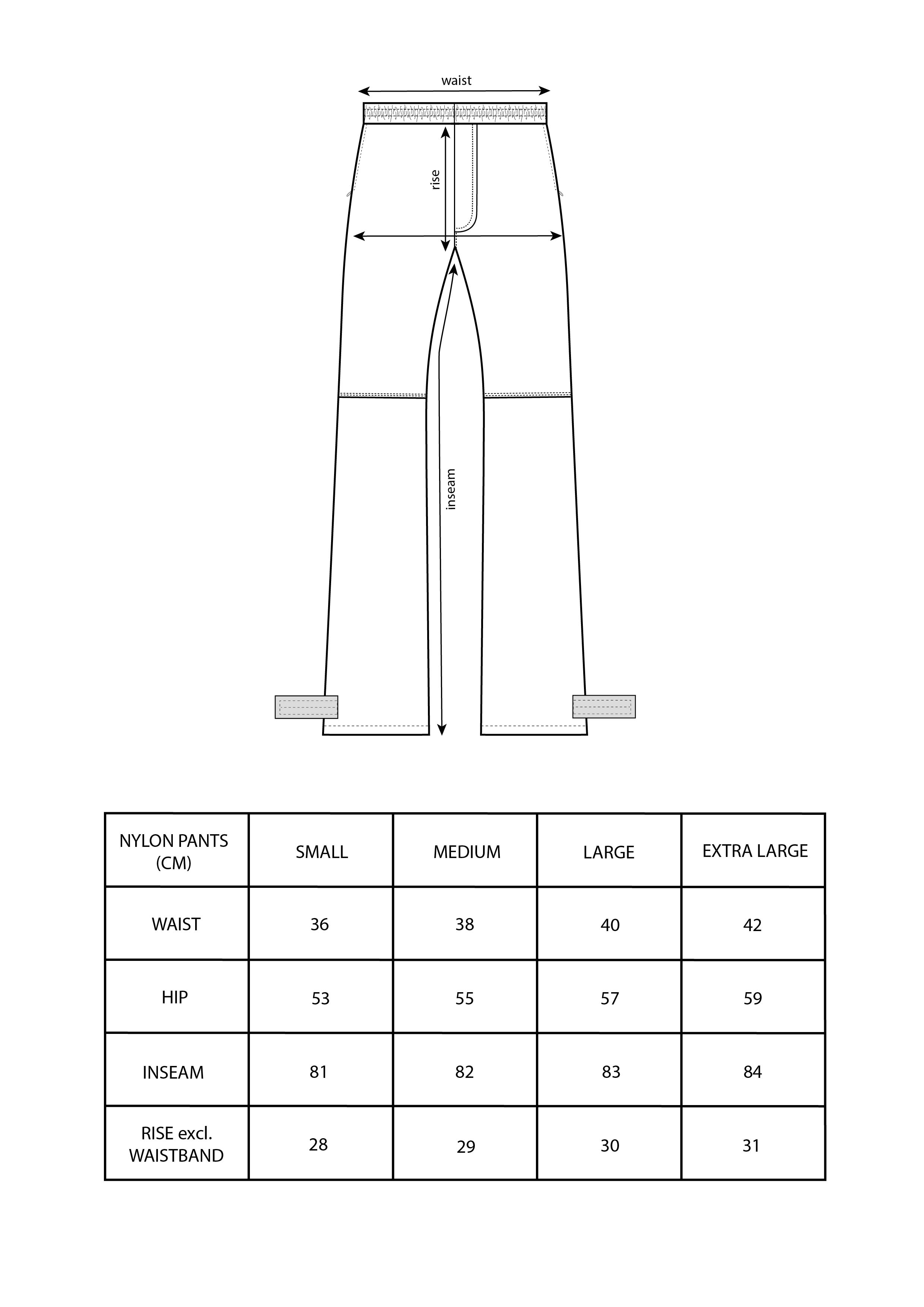 size chart nylon pants