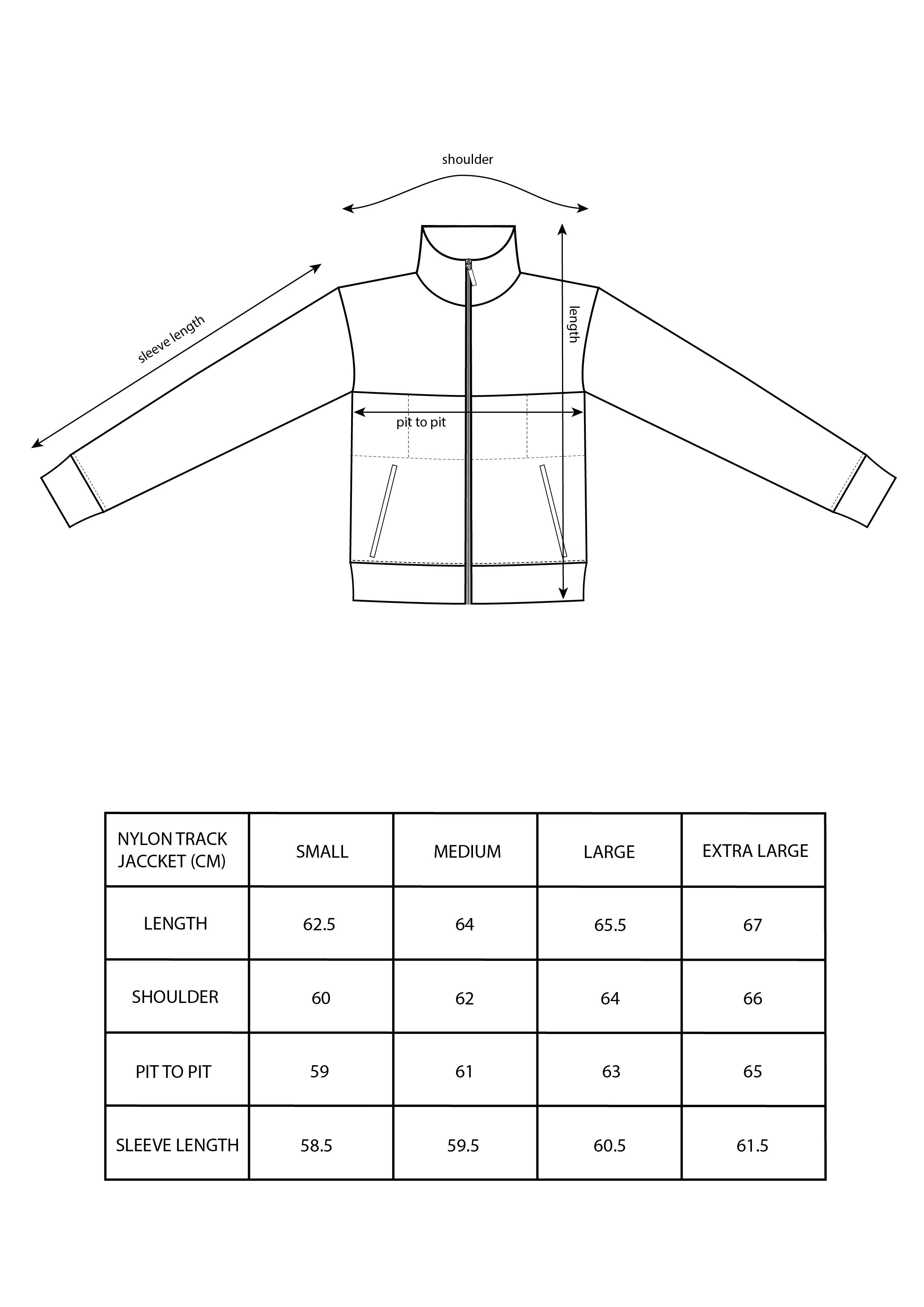 size chart nylon track jacket