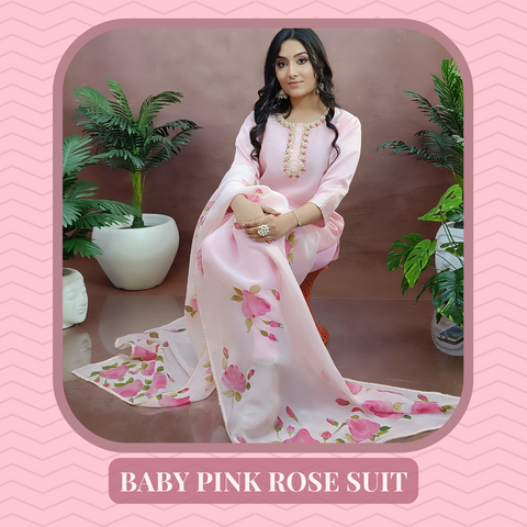 hand painted suit set baby pink color chanderi silk fabric with zardozi neck line paired with hand painted organza dupatta enhanced with pink rose painting.