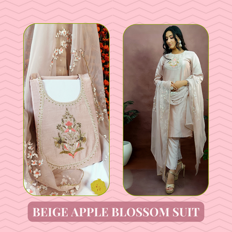 Beige hand painted chanderi suit set with chiffon hand painted apple blossom dupatta.