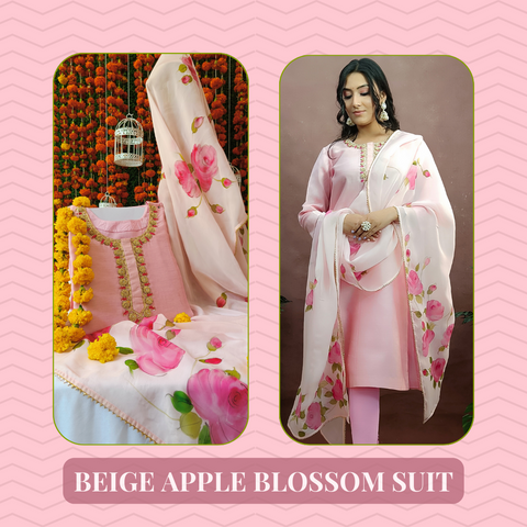 hand painted baby pink suit set with organza hand painted dupatta