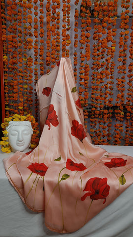 hand painted saree peach satin silk , with red poppies painted and hand embroidered.