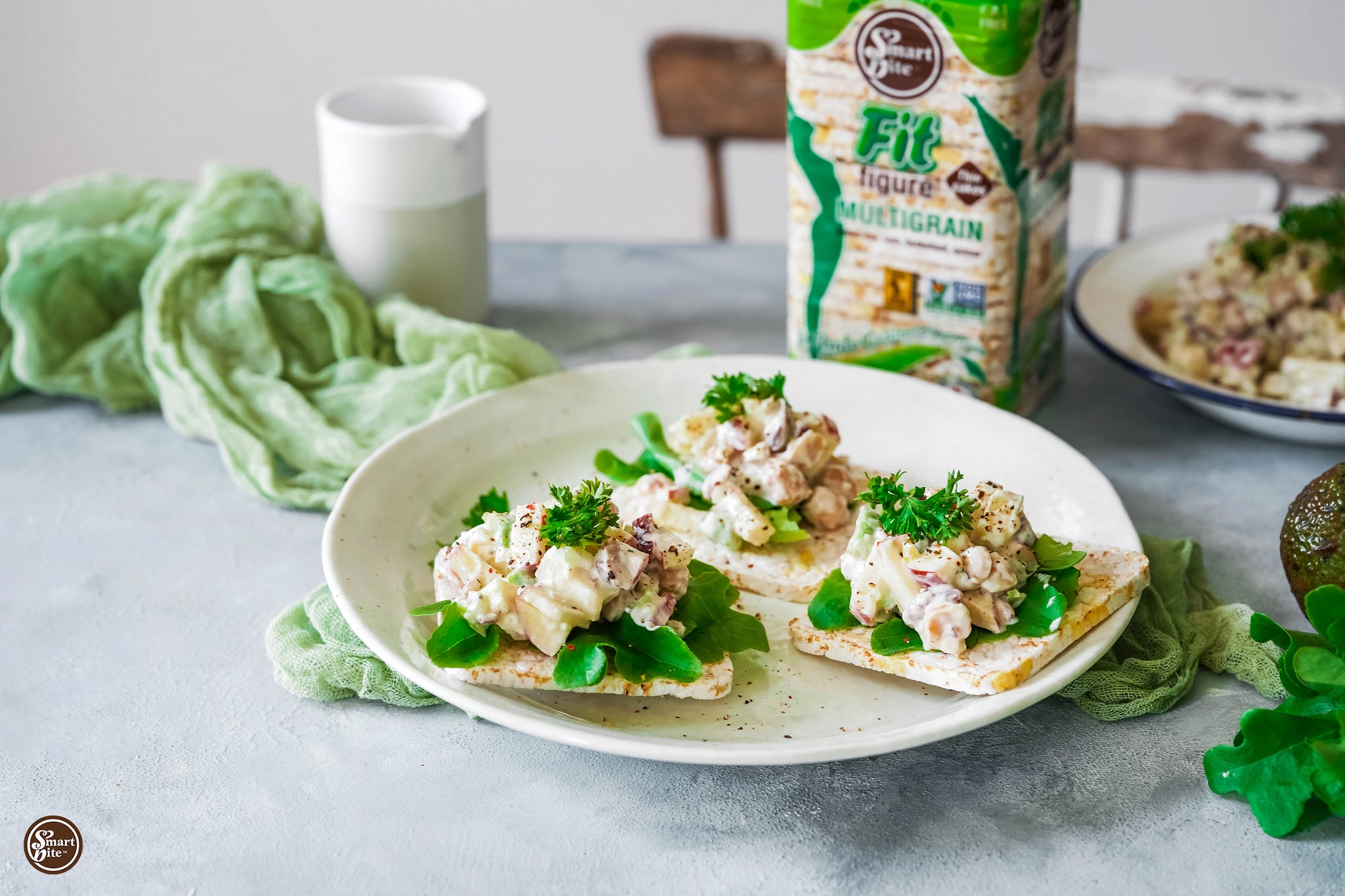 multigrain cakes topped with chickpea salad