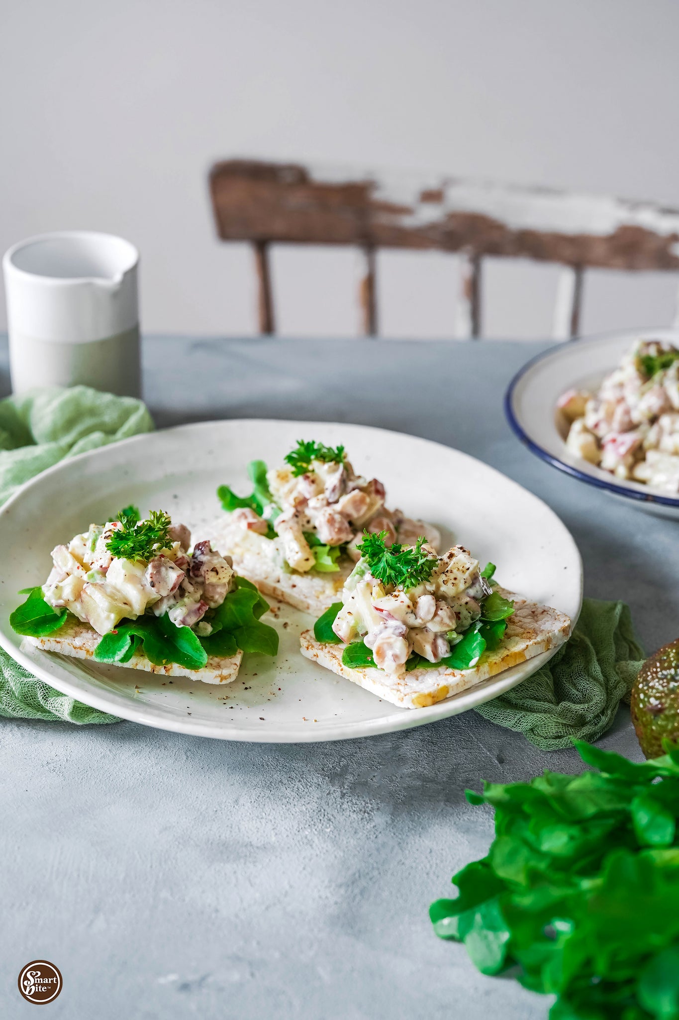 multigrain cakes topped with chickpea salad