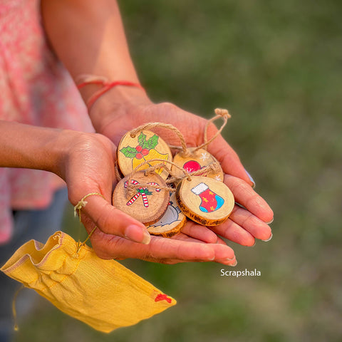 Christmas Ornaments Pack | Multipurpose | Resuable | Handpainted | Natural Wood | Scrapshala